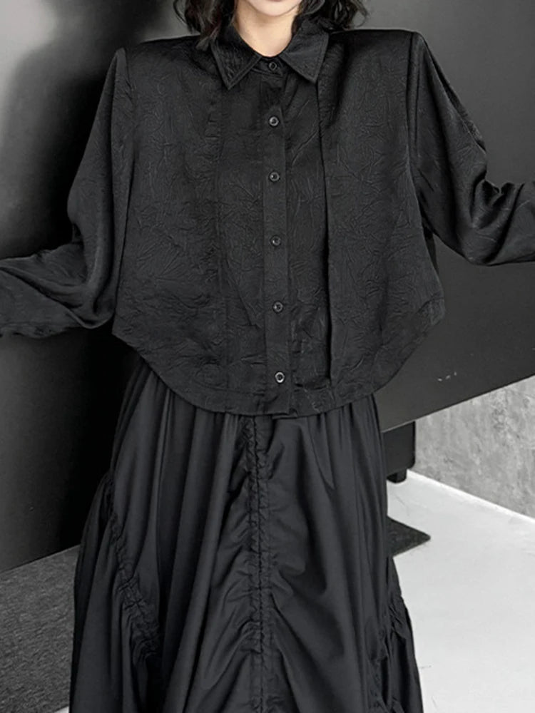 Women Black Textured Big Size Elegant Short Blouse New Lapel Long Sleeve Shirt Fashion Tide Spring Autumn 2025 1DJ1095