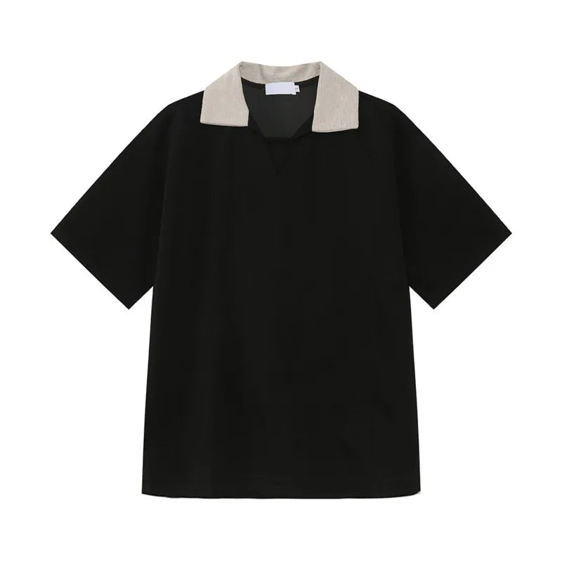 Niche Design Men's Tees Contrast Color Patchwork Turn-down Collar T-shirts Short Sleeved Casual Male Tops Summer 9W1259