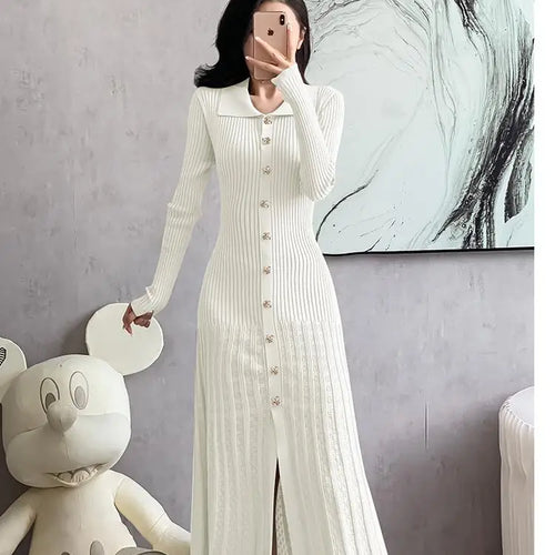 Load image into Gallery viewer, Autumn 2024 New Women's Black Beige Single Breasted Knitted Long Dress Green Elegant Office Lady Long Sleeve Pleated Dress Trend
