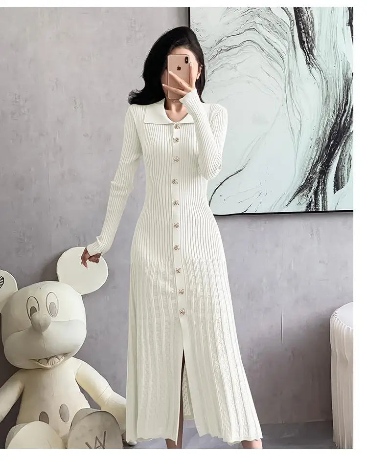 Autumn 2024 New Women's Black Beige Single Breasted Knitted Long Dress Green Elegant Office Lady Long Sleeve Pleated Dress Trend