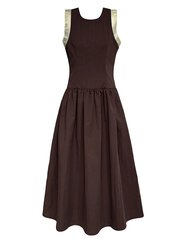 Women Coffee Color-block Elegant Long Vest Dress New Round Neck Sleeveless Fashion Tide Spring Summer 2025 1DJ0743