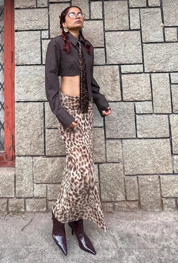 Leopard Print Long Skirt Elastic Waist Women 2024 Fashion Y2k Summer Skirts for Woman Clothes C95-BD26