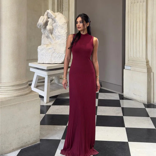 Load image into Gallery viewer, Half High Collar Sleeveless Knit Maxi Dress For Women Fashion Solid Bodycon Sexy Pleated Long Knitted Sweater Dress
