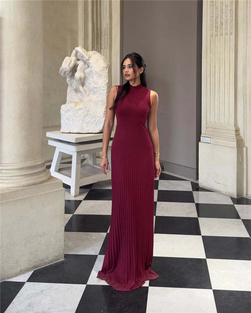 Half High Collar Sleeveless Knit Maxi Dress For Women Fashion Solid Bodycon Sexy Pleated Long Knitted Sweater Dress