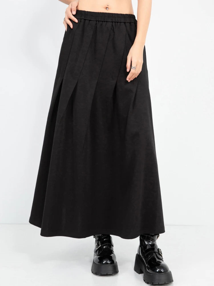 High Elastic Waist Black Brief Pleated Spliced A-line Half-body Skirt Women Fashion Tide New Spring Autumn 2025 1DJ0965