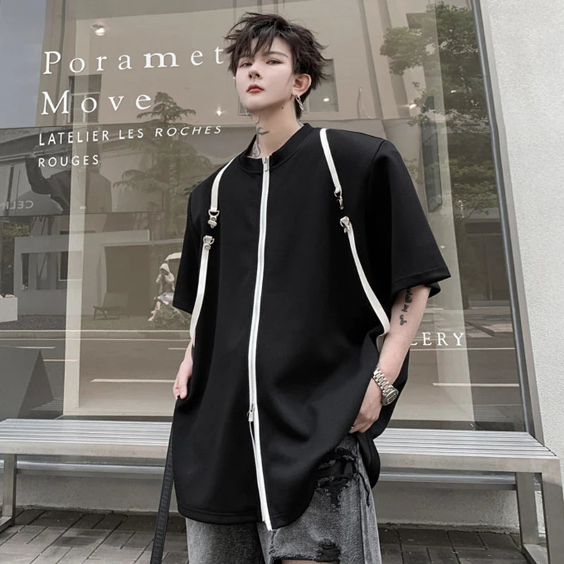 Trendy Men's T-shirt O-neck Contrast Color Zipper Belt Spliced Men Loose Short Sleeve Top Niche Design Summer 28W3331