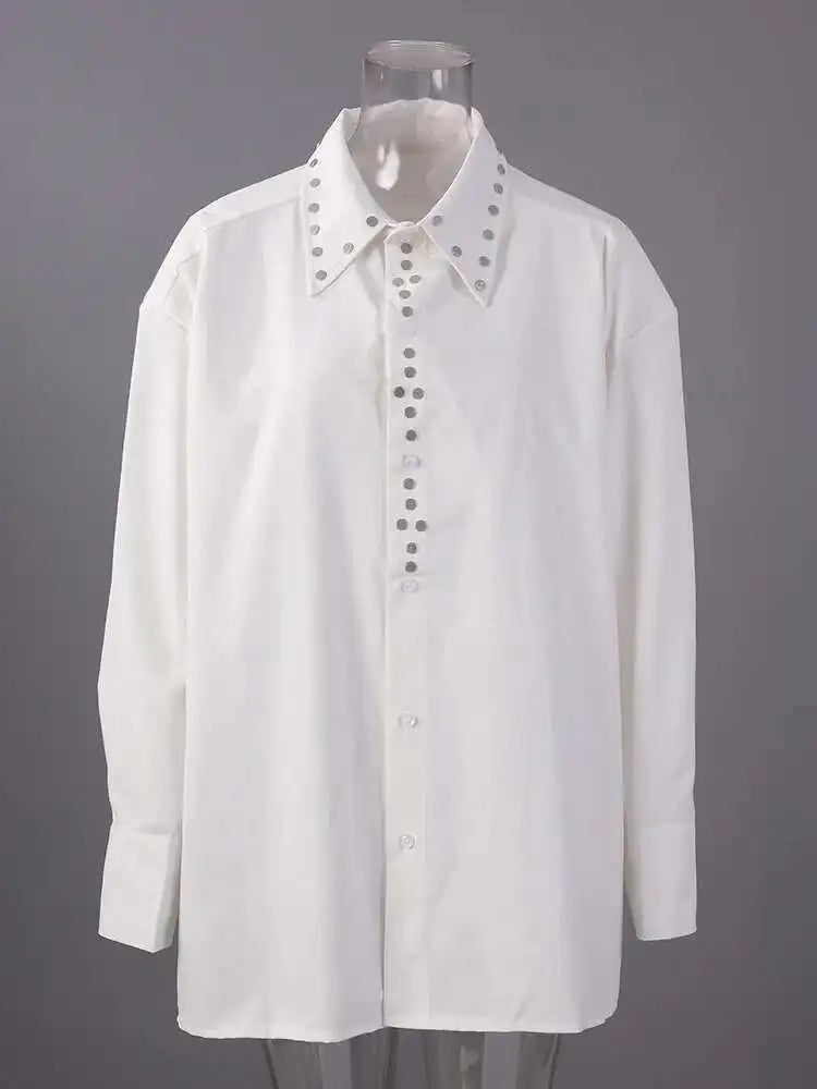 Women White Rivet Spliced Big Size Casual Blouse New Lapel Long Sleeve Shirt Fashion Tide Spring Autumn 2025 CPG2917