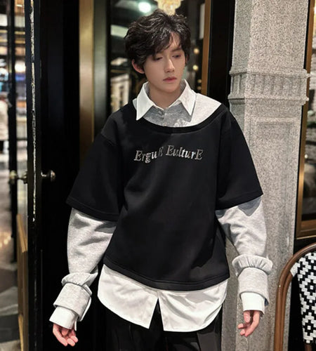 Male Sweatshirts Long Sleeve New Korean Turn-down Collar Design Patchwork Loose Men's Clothing Summer Men Tops 9W1606