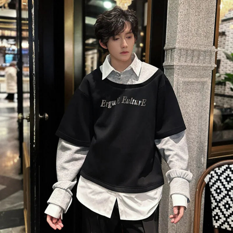 Male Sweatshirts Long Sleeve New Korean Turn-down Collar Design Patchwork Loose Men's Clothing Summer Men Tops 9W1606