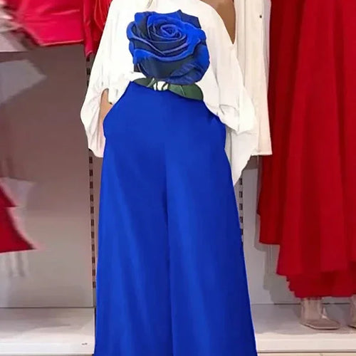 Load image into Gallery viewer, Summer Women 2 Piece Set Outfit Pants Rose Flower Print Blouse Tops Loose Wide Leg Trousers Clothes for Women
