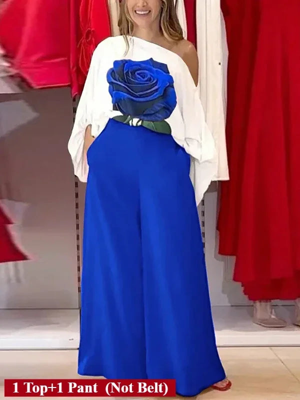 Summer Women 2 Piece Set Outfit Pants Rose Flower Print Blouse Tops Loose Wide Leg Trousers Clothes for Women