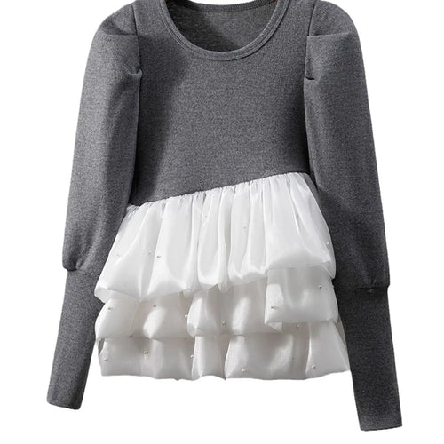 Load image into Gallery viewer, Gray Ruffles Slim Bud Sweater Round Neck Long Puff Sleeve Women Pullovers New Fashion Tide Spring Autumn 2025 1DJ1487
