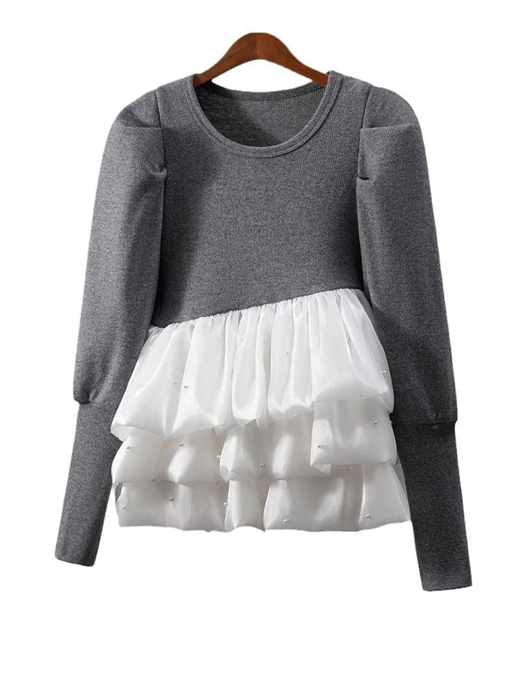 Gray Ruffles Slim Bud Sweater Round Neck Long Puff Sleeve Women Pullovers New Fashion Tide Spring Autumn 2025 1DJ1487