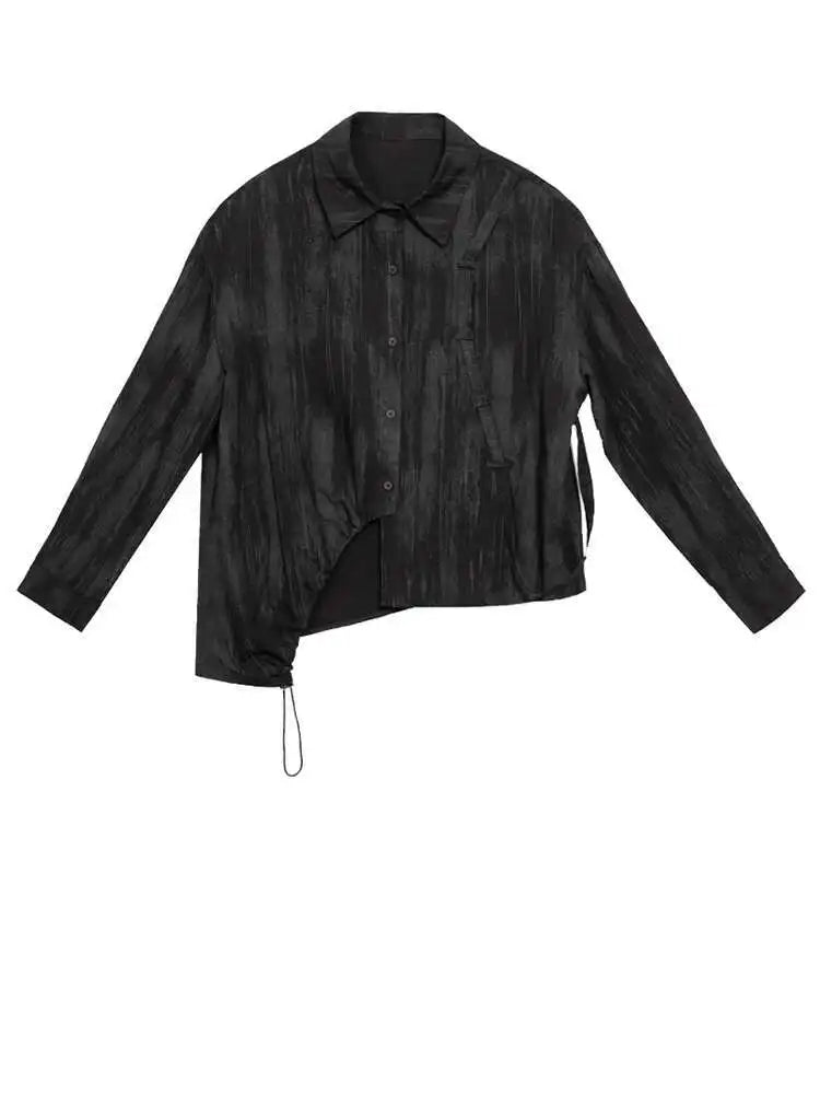 Women Black Irregular Tie Dye Big Size Elegant Blouse New Lapel Long Sleeve Shirt Fashion Tide Spring Autumn 2025 1DH7715