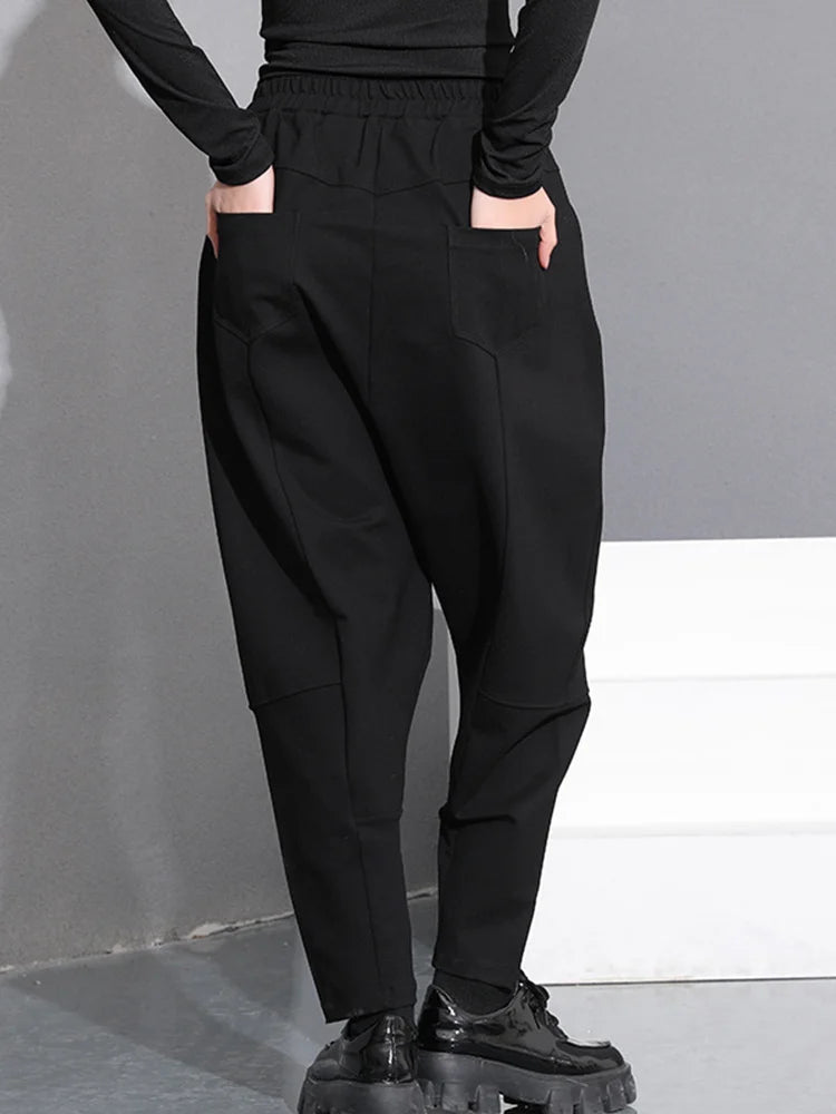 High Elastic Waist Black Pocket Thick Patchwork  Harem Pants New Trousers Women Fashion Tide Spring Autumn 2025 SA155