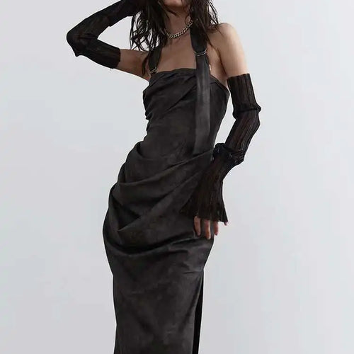 Load image into Gallery viewer, Women Gray Shaped Pleated Pu Leather Long Elegant Strapless Dress New Sleeveless Fashion Tide Spring Autumn 2025 1DH4724
