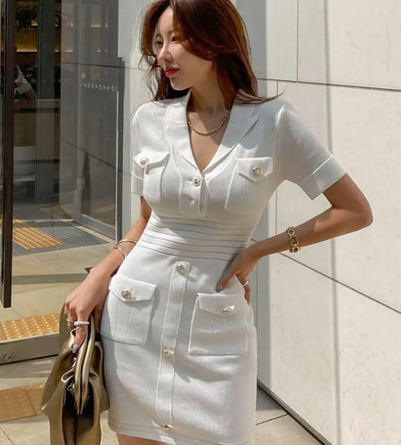 Spring French Fashion White Festival Button Slim Short Sleeve Dress Women Office Wrap Hip Knit Mini Dress Popular Simplicity New