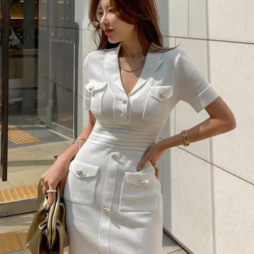 Load image into Gallery viewer, Spring French Fashion White Festival Button Slim Short Sleeve Dress Women Office Wrap Hip Knit Mini Dress Popular Simplicity New
