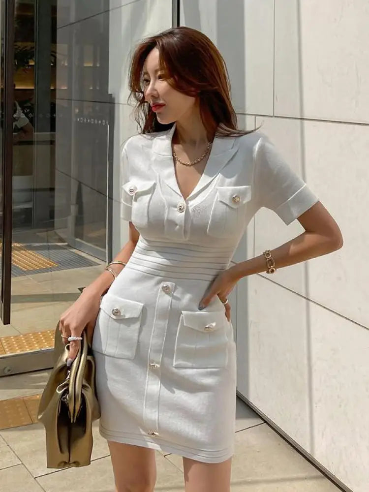 Spring French Fashion White Festival Button Slim Short Sleeve Dress Women Office Wrap Hip Knit Mini Dress Popular Simplicity New