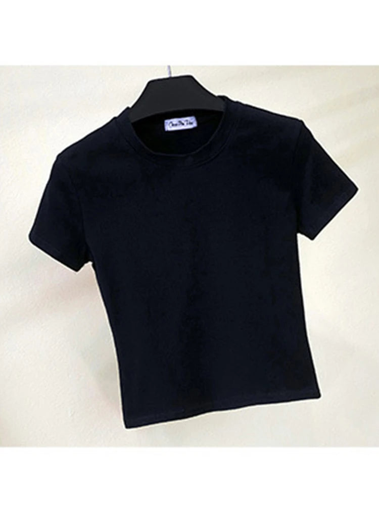 Green Crop Top T-Shirt Female Solid Cotton O-Neck Short Sleeve T-shirts for Women High Waist Slim Short Sport Femme T-Shirt