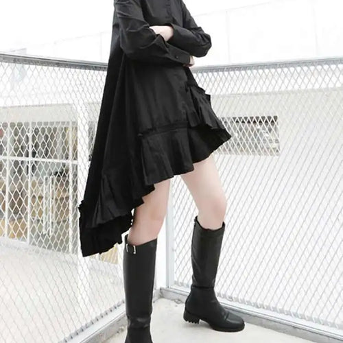 Load image into Gallery viewer, Women Black Pleated Irregular Casual Shirt Dress New Stand Collar Long Sleeve Loose Fit Fashion Spring Autumn 2025 1DF4825
