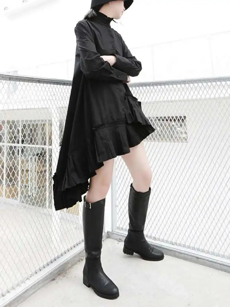 Women Black Pleated Irregular Casual Shirt Dress New Stand Collar Long Sleeve Loose Fit Fashion Spring Autumn 2025 1DF4825