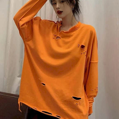 Load image into Gallery viewer, Casual Oversized Sweatshirt For Women Round Neck Long Sleeve Patchwork Hole Designer Pullovers Sweatshirts Female Style
