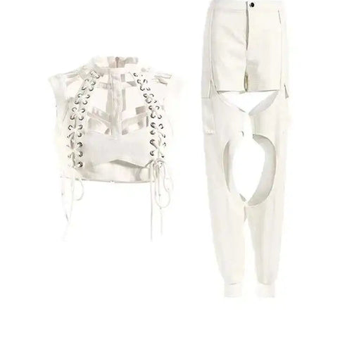 Load image into Gallery viewer, Wide Leg Pants Hollow Out Two Piece Suit New Stand Collar Long Sleeve Loose Fit Women Fashion Spring Autumn 2025 1DE9154
