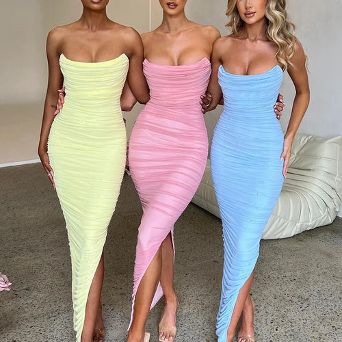 Load image into Gallery viewer, Sexy Strapless Mesh Maxi Dress Women Blue Backless High Slit Ruched Dress Female Autumn 2022 Elegant Party Club Vestidos
