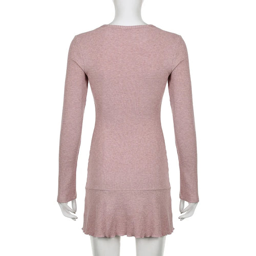 Load image into Gallery viewer, Korean Square Neck Pink Autumn Dress Women Sweet Fold Coquette Clothes Slim Basic Knit Mini Dress Elegant Stylish
