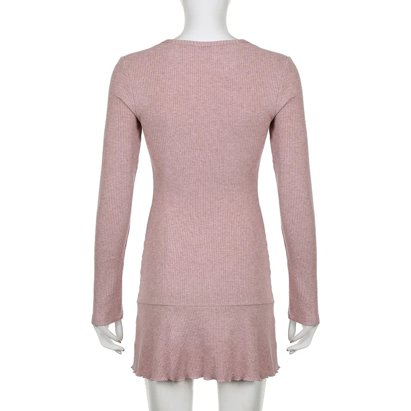 Korean Square Neck Pink Autumn Dress Women Sweet Fold Coquette Clothes Slim Basic Knit Mini Dress Elegant Stylish