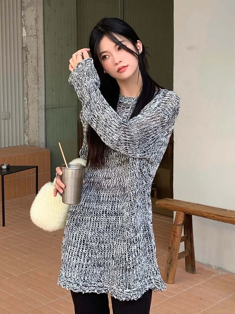 Y2k Aesthetic Pullover Harajuku Gothic Knitted See Through Sweater Grunge Autumn Jumper Japanese Fashion Knitwear Tops