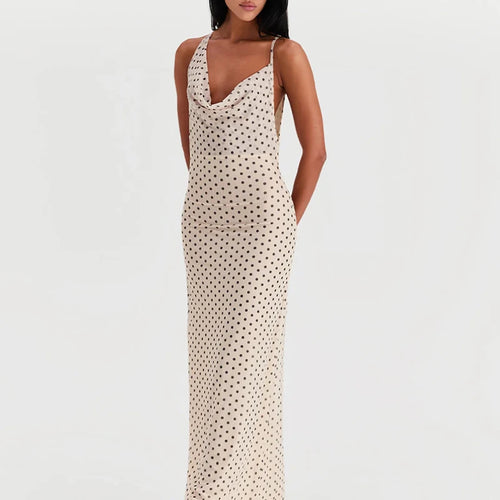 Load image into Gallery viewer, Spaghetti Strap Polka Dot Dress For Women Gown Fashion Irregular V Neck Sleeveless Backless Bodycon Club Long Dress
