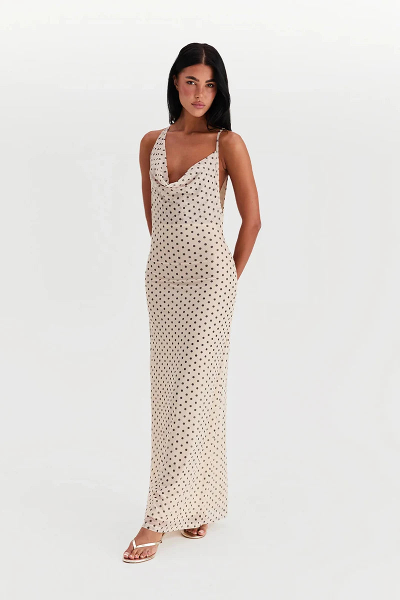 Spaghetti Strap Polka Dot Dress For Women Gown Fashion Irregular V Neck Sleeveless Backless Bodycon Club Long Dress