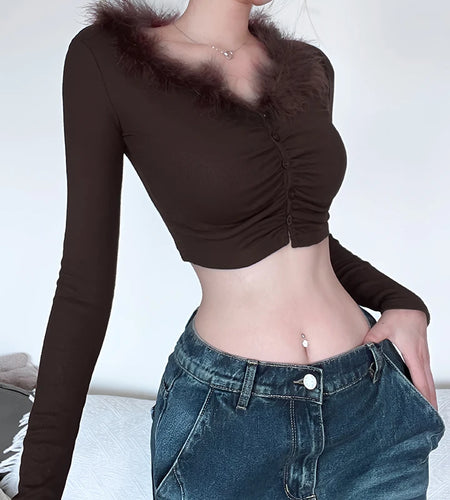 Brown Korean Y2K Crop Top Folds Skinny Autumn T shirt Female Faux Fur Trim Collar Fashion Sexy Tee Shirts Furry Cute