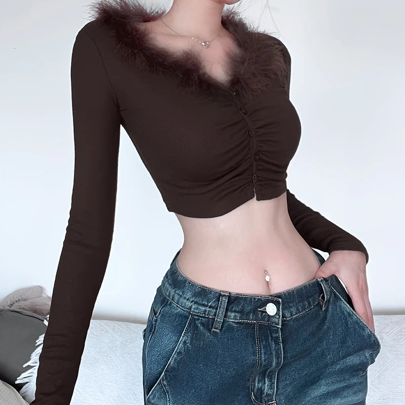 Brown Korean Y2K Crop Top Folds Skinny Autumn T shirt Female Faux Fur Trim Collar Fashion Sexy Tee Shirts Furry Cute
