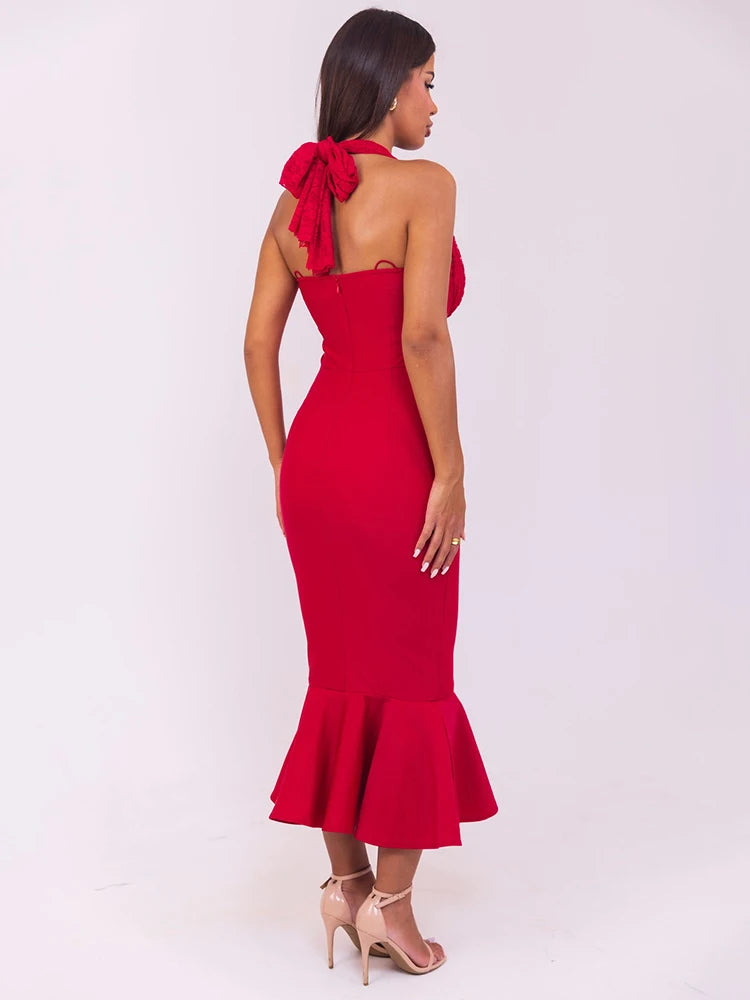 Sleeveless Fishtail Maxi Dress For Women Autumn New Halter Deep V Neck Backless Bodycon Party Sexy Long Dress Elegant