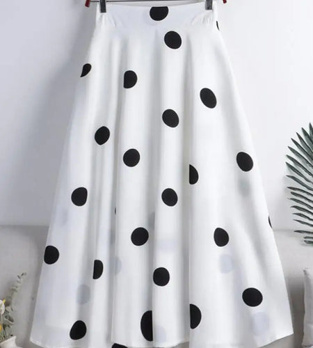 Chiffon Print Dot Skirts Womens High Waist All-match Summer Medium Long  A-line Skirt Female Office Lady Pleated Skirt Elegant