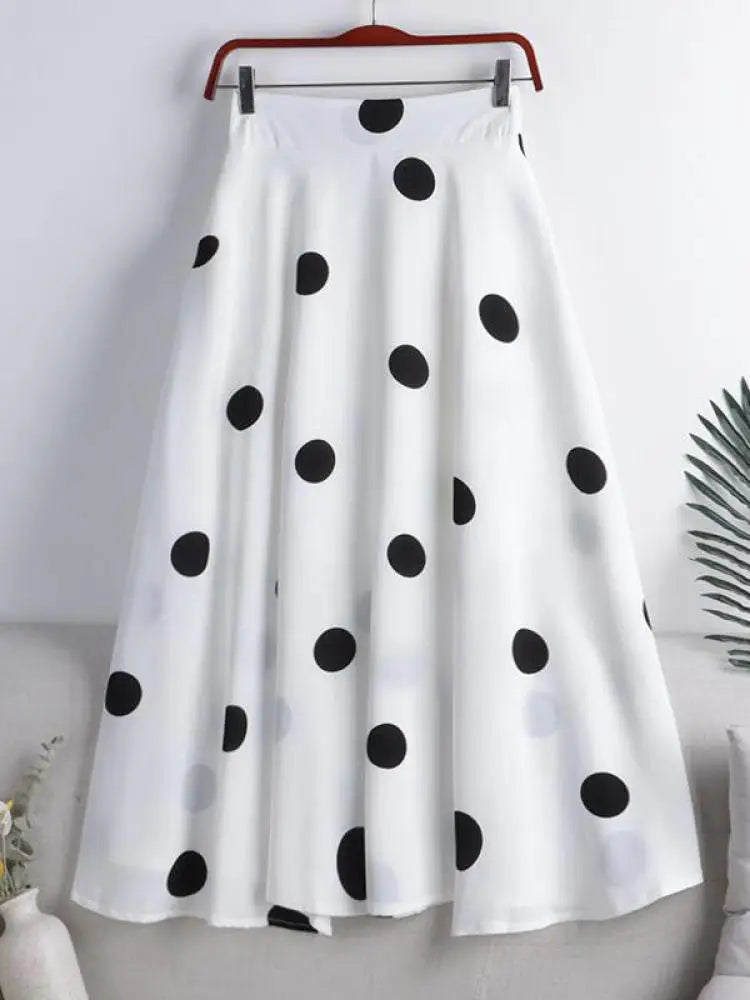 Chiffon Print Dot Skirts Womens High Waist All-match Summer Medium Long  A-line Skirt Female Office Lady Pleated Skirt Elegant