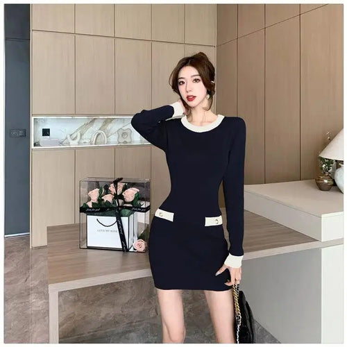 Load image into Gallery viewer, Retro Fashion Sexy Black Patchwork Wrap Hip Bodycon Short Dress Autumn Winter Gray Office Lady O-neck Knitted Party Mini Dresses
