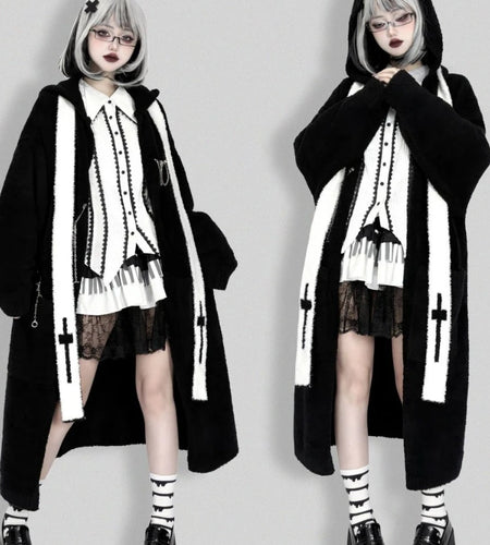 Gothic Punk Cashmere Knitted Long Cardigans Knee Length Loose Hooded Sweater Coat Korean Ins Causal Elegant Vintage Cardigan Y2k