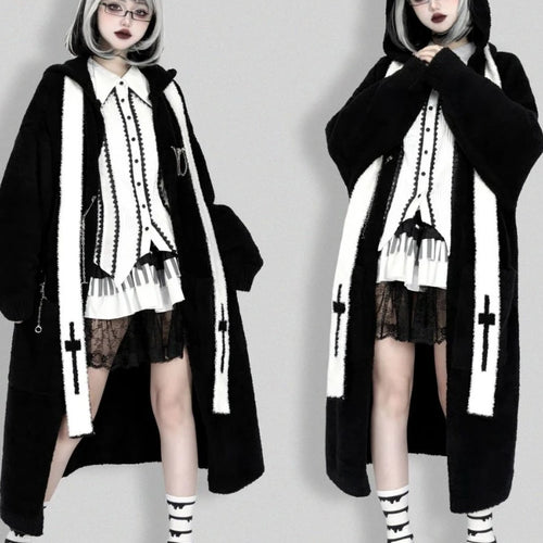 Load image into Gallery viewer, Gothic Punk Cashmere Knitted Long Cardigans Knee Length Loose Hooded Sweater Coat Korean Ins Causal Elegant Vintage Cardigan Y2k
