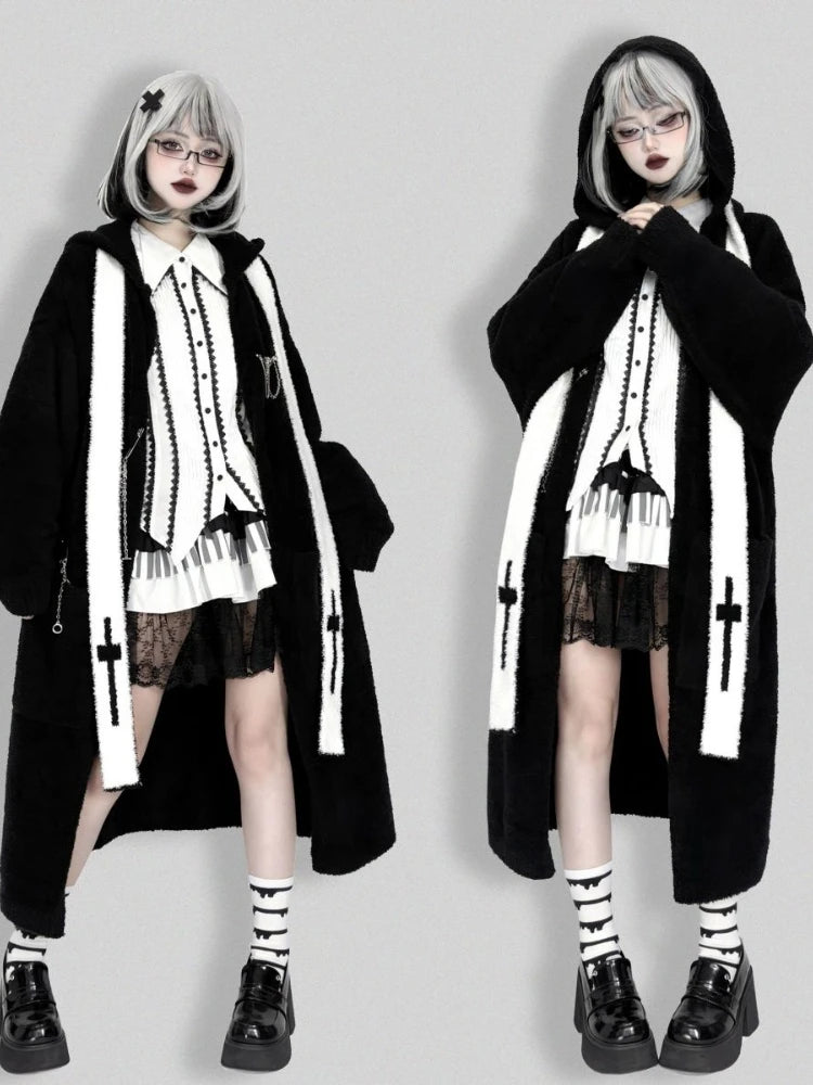 Gothic Punk Cashmere Knitted Long Cardigans Knee Length Loose Hooded Sweater Coat Korean Ins Causal Elegant Vintage Cardigan Y2k