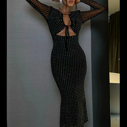 Load image into Gallery viewer, Elegant Sequin Sparkle Sexy Maxi Dress For Women Fashion Hollow Out Sheer Long Sleeve Bodycon Club Party Long Dress
