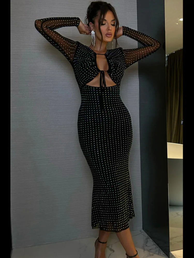 Elegant Sequin Sparkle Sexy Maxi Dress For Women Fashion Hollow Out Sheer Long Sleeve Bodycon Club Party Long Dress