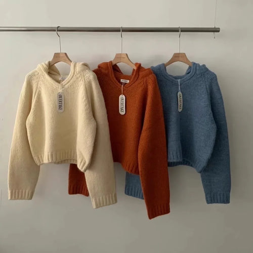 Load image into Gallery viewer, Korean Fashion Women Beige Blue Elegant Loose Knitted Short Sweater Autumn Winter Orange Long Sleeve Hooded Pullover Tops Casual
