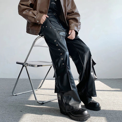 Load image into Gallery viewer, Autumn Winter Men&#39;s Leather Trousers Rivet Niche Design PU Casual Pants Solid Color Wide Leg Male Streetwear 24X3131
