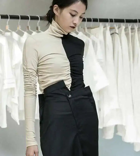 Women Black Contrast Color Temperament T-shirt New Turtleneck Long Sleeve  Fashion Tide  Spring Autumn 2025 1DA914