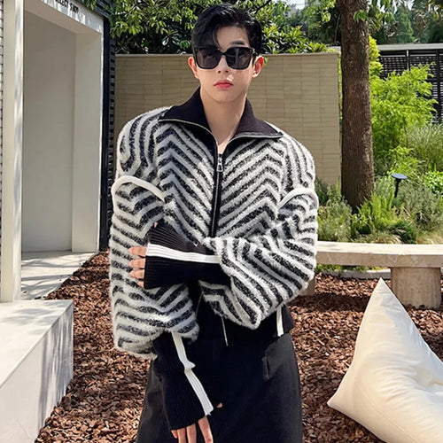 Load image into Gallery viewer, Men&#39;s Sweaters Jackets Casual Stripe Contrast Color Turn-down Collar Male Knitting Cardigan Korean Fashion Spring 9C2689
