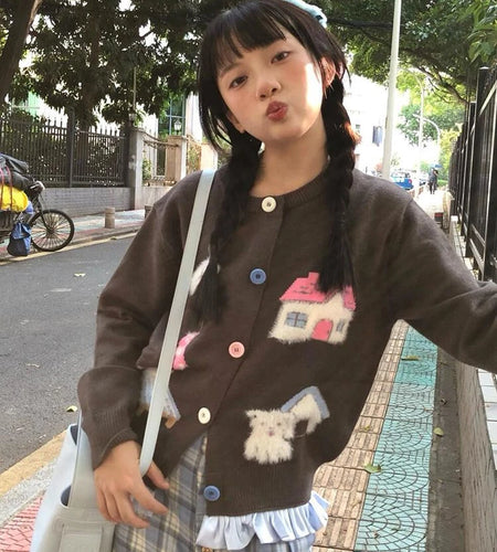 Preppy Style Kawaii Cartoon Jacquard Knited Cardigan Women Casual Loose Sweater Jackets 2025 Spring Grunge Cropped Kardigany